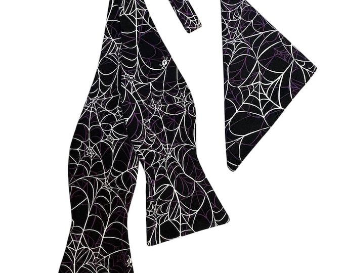 Handmade Self-tie Bow Tie and Pocket Square Set - Festive Spider Web Design - Adult Men's Sizing - Crafted in the USA
