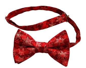 Handmade Christmas Bow Tie - Red Iridescent Snowflake Cotton, Adult