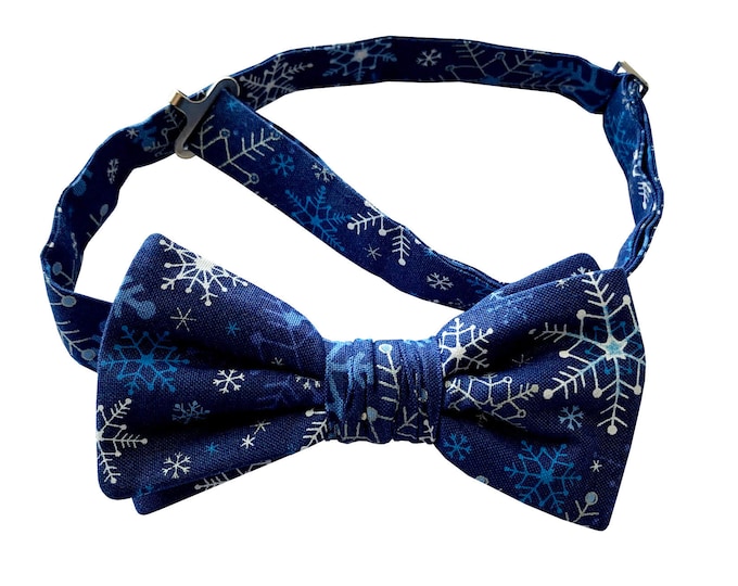 Handmade Pretied Bow Tie - Royal Blue Silver Snowflakes - Adult Men's Sizing - Crafted in the USA