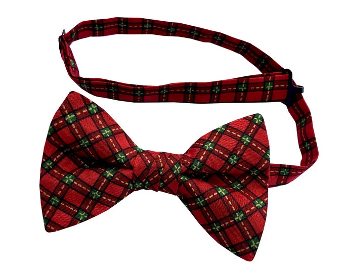 Handmade Pretied Bow Tie - Red Christmas Plaid - Adult Men's Sizing - Crafted in the USA