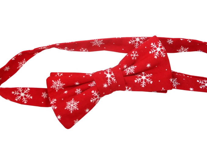 Handmade Pretied Bow Tie - Holiday Red Snowflakes - Adult Men's Sizing - Crafted in the USA