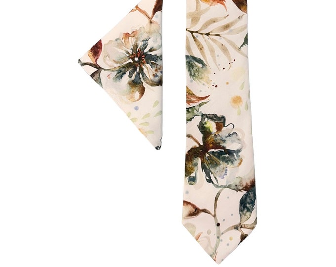 Handmade Necktie and Pocket Square Set - Vintage Fall Multi-Colored Floral Medley - Adult Men's Sizing - Crafted in the USA