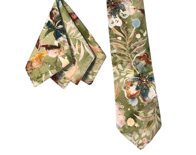 Handmade Necktie and Pocket Square Set - Vintage Fall Sage Green Multi-Colored Floral Medley - Adult Men's Sizing - Crafted in the USA