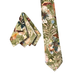 Handmade Necktie and Pocket Square Set - Vintage Fall Sage Green Multi-Colored Floral Medley - Adult Men&#39;s Sizing - Crafted in the USA
