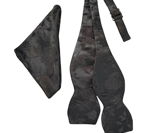 Black Floral Rose Brocade Bow Tie and Pocket Square Set - Men's Self-tie Satin