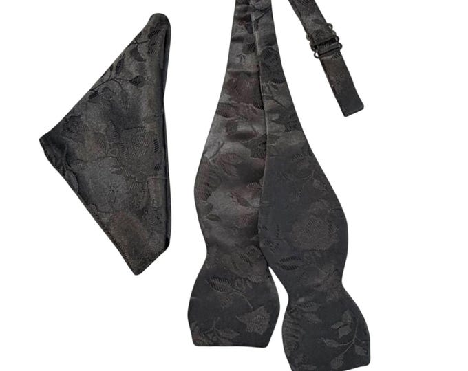 Black Floral Rose Brocade Bow Tie and Pocket Square Set - Men's Self-tie Satin