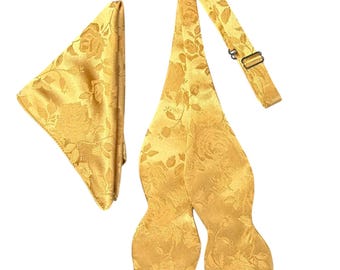 Gold Rose Brocade Bow Tie and Pocket Square Set - Men's Self-tie Satin