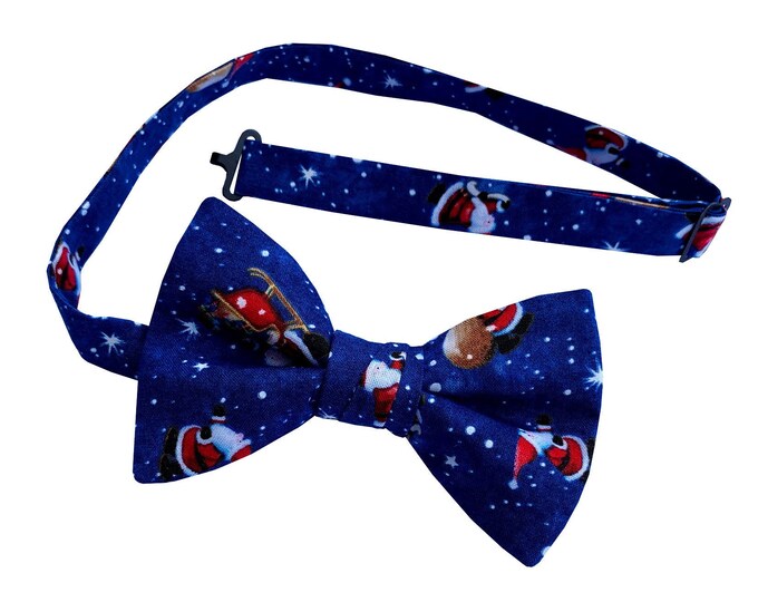 Handmade Pretied Bow Tie - Santa Claus Christmas Blue - Adult Mens Sizing - Crafted in the USA
