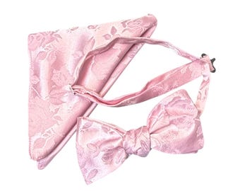 Pink Rose Brocade Bow Tie and Pocket Square Set – Adult, USA Made