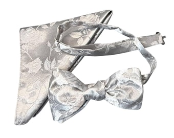 Grey Rose Brocade Bow Tie and Pocket Square Set – Adult, USA Made
