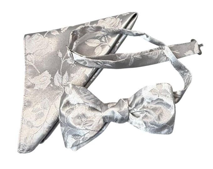 Grey Rose Brocade Bow Tie and Pocket Square Set – Adult, USA Made
