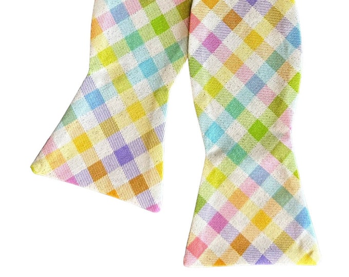 Easter Self-tie Bow Tie - Pastel Spring Plaid Multi-Colored with Iridescent Sparkle - Adult Men's and Boys Sizing - Crafted in the USA