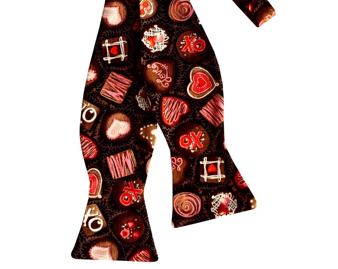 Valentine Self-tie Bow Tie - Sweetheart Chocolates Design - Adult Men's & Boy's Sizing - Handcrafted in the USA