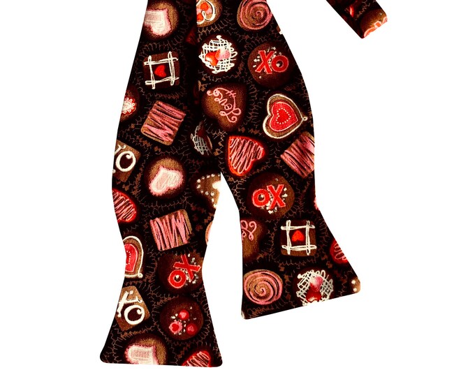 Valentine Self-tie Bow Tie - Sweetheart Chocolates Design - Adult Men's & Boy's Sizing - Handcrafted in the USA