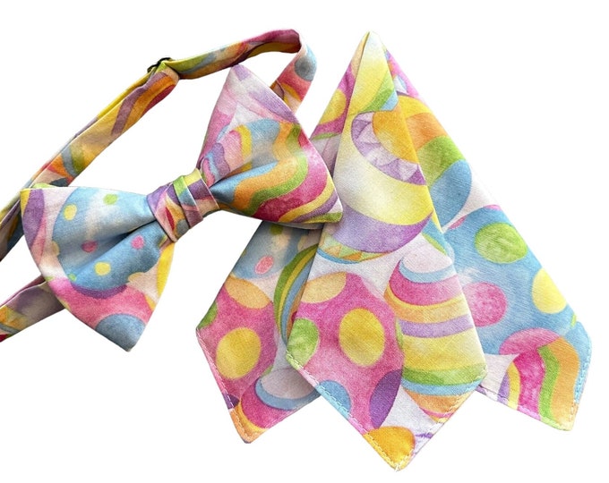 Easter Pretied Bow Tie & Pocket Square Set - Pastel Spring Water Color Egg Celebration - Adult Men's and Boys Sizing - Crafted in the USA