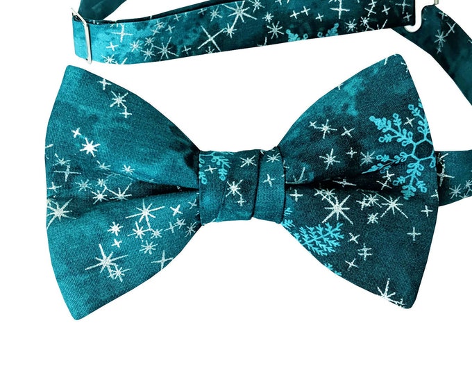 Handmade Pre-tied Bow Tie - Handmade Teal and Aqua Snowflakes with Silver Stars Design - Adult Men's and Boys Sizing - Crafted in the USA