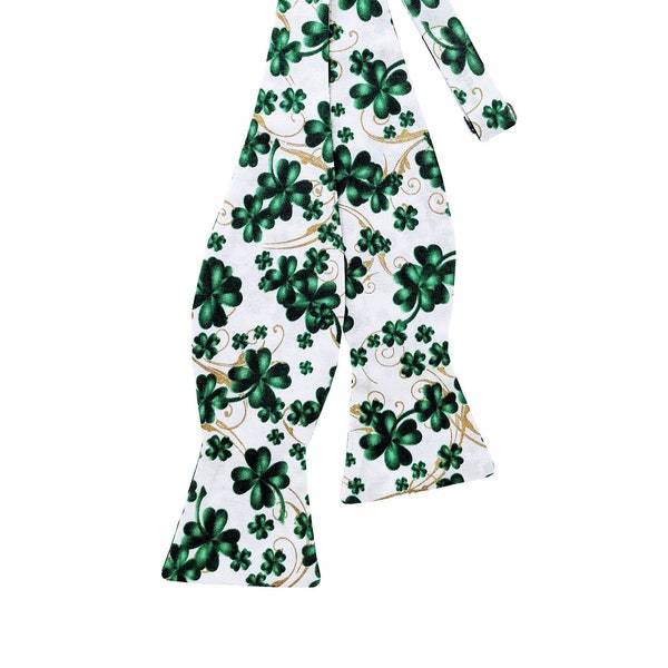 St. Patrick's Day Self-Tie Bow Tie - White and Green Shamrock with Gold Metallic Clovers Design - Adult Men's Sizing