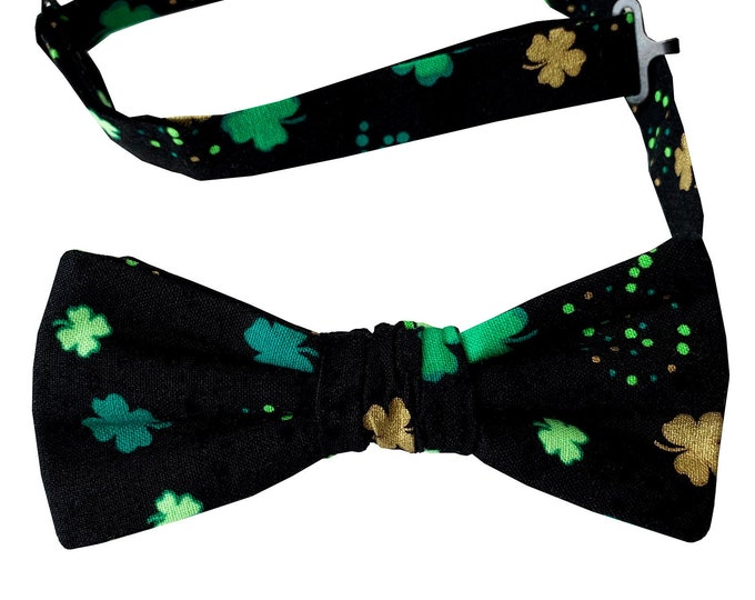 Handmade Pre-tied Bow Tie - Black with Green and Metallic Gold Shamrocks - Adult Men's Sizing - Crafted in the USA