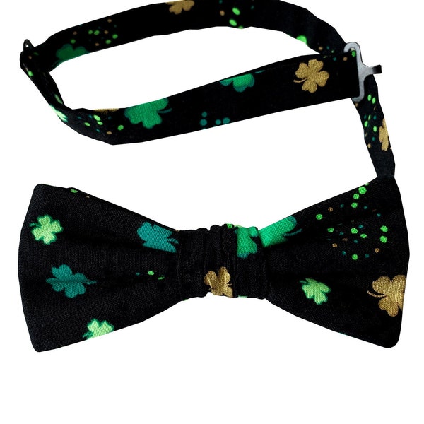 Handmade Pre-tied Bow Tie - Black with Green and Metallic Gold Shamrocks - Adult Men's Sizing - Crafted in the USA