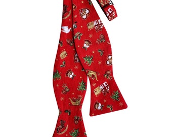Handmade Self-tie Bow Tie - Red with Gold Metallic Holiday Celebration of Christmas Miniatures - Adult Mens Sizing - Crafted in the USA
