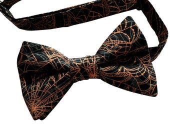 Halloween Spider Web Bow Tie: Black & Orange Metallic, Handmade Cotton