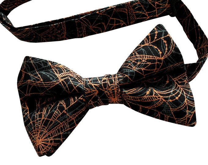 Handmade Pre-tied Bow Tie - Black with Orange Metallic Spider Web Halloween Design - Adult Men's and Boys Sizing - Crafted in the USA