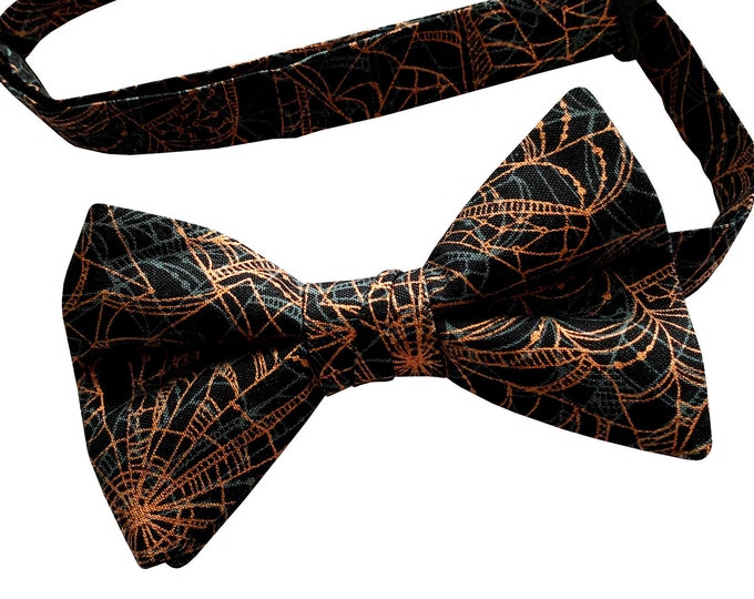 Handmade Pre-tied Bow Tie - Black with Orange Metallic Spider Web Halloween Design - Adult Men's Sizing - Crafted in the USA