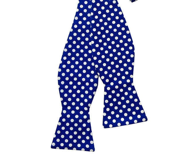 Handmade Self-Tie Bow Tie - Royal Blue with White Polka Dot Design - Adult Men's and Boys Sizing - Crafted in the USA -208.860.0879