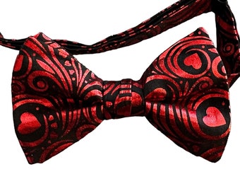 Valentine's Day Pre-tied Bow Tie - Scattered Red Hearts on Red with Touches of Gold - Men's and Boys Sizing - Crafted in the USA
