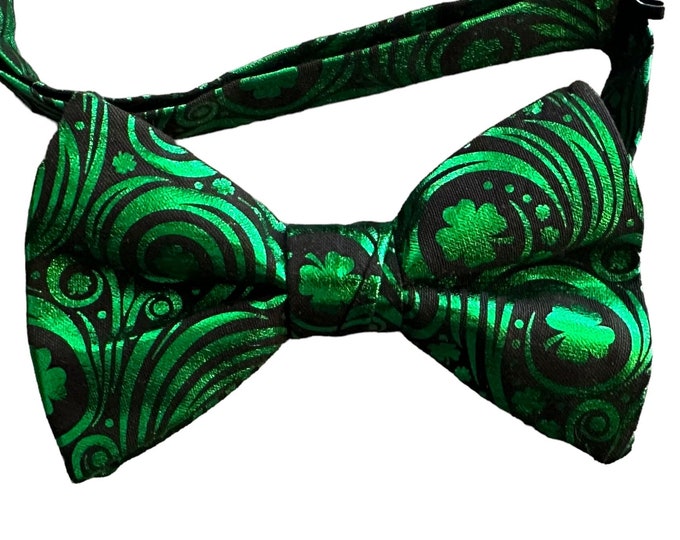 St. Patrick's Day Pre-Tied Bow Tie - Green Foil Shamrocks and Swirls on Black - Premium Cotton - Adult Men's and Boys Sizing