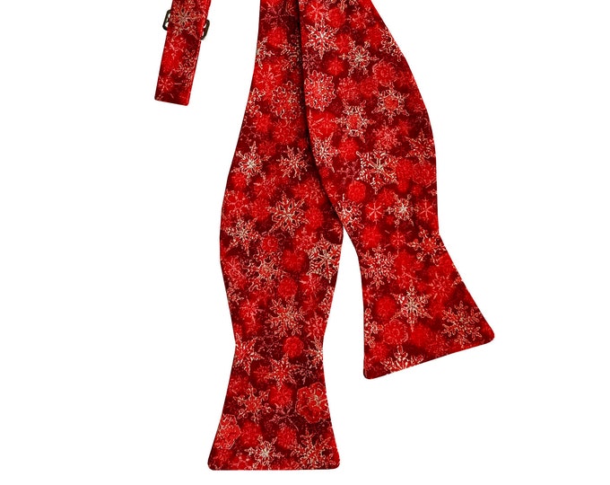 Handmade Self-tie Bow Tie - Christmas Red Snowflake with Silver Sparkle Design - Adult Mens and Boys Sizing - Crafted in the USA