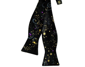 Handmade Black Bow Tie: Purple, Gold Swirl Stars - Holiday Cotton