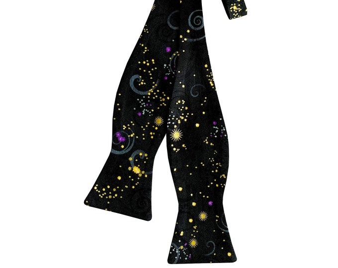 Handmade Self-tie Bow Tie - Black with Purple, Grey and Gold Swirl Stars Holiday Design - Adult Men's Sizing - Crafted in the USA