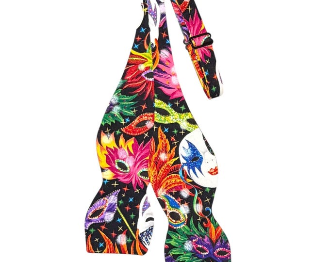 Mardi Gras Self-tie Bow Tie - Masquerade Masks - Cotton - Adult Men's Sizing - Handcrafted in the USA