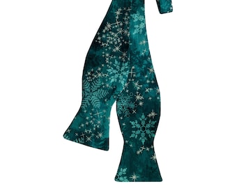 Holiday Self-Tie Bow Tie - Teal Snowflakes - Cotton - Adult Men's Sizing - Handcrafted in the USA
