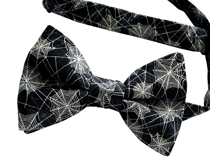 Handmade Pre-Tied Bow Tie - Black with White and Grey Spider Web Design - Adult Men's and Boys Sizing - Crafted in the USA