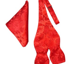 Red Rose Floral Brocade Bow Tie and Pocket Square Set - Men's Self-tie Satin