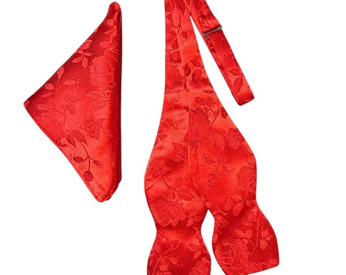 Red Rose Floral Brocade Bow Tie and Pocket Square Set - Men's Self-tie Satin