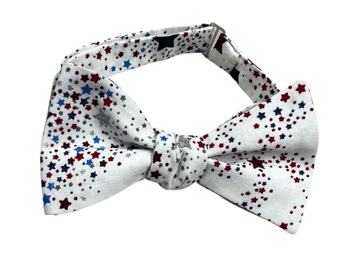 Handmade Pretied Bow Tie - Red White Blue Fireworks - Adult Men's Sizing - Crafted in the USA