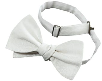 Boy's Bow Tie Pretied and Adjustable - White on White Paisley Cotton for Communion - Boys and Youth/Men's Sizing - Handcrafted in the USA