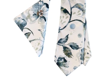 Handmade Necktie and Pocket Square Set - Vintage Dusty Blue Teal Multi-Colored Floral Medley - Adult Men's Sizing - Crafted in the USA