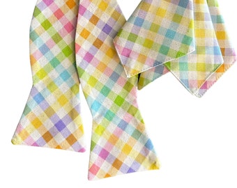 Easter Self-tie Bow Tie & Pocket Square Set - Pastel Spring Plaid with Iridescent Sparkle - Adult Men's and Boys Sizing - Crafted in the USA