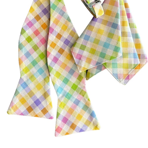 Easter Self-tie Bow Tie & Pocket Square Set - Pastel Spring Plaid with Iridescent Sparkle - Adult Men's and Boys Sizing - Crafted in the USA