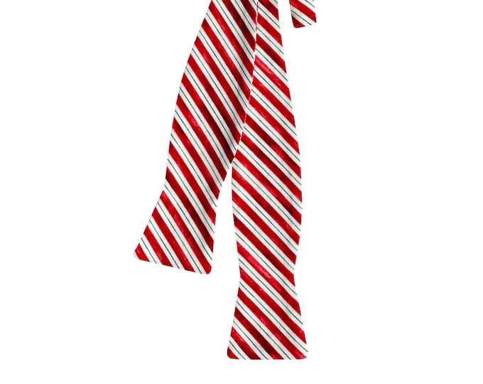 Handmade Self-tie Bow Tie - Red Candy Cane Stripe Holiday Design Premium Cotton Bow Tie - Adult Mens Sizing - Crafted in the USA