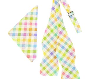 Easter Bow Tie & Pocket Square Set – Pastel Plaid with Iridescent Sparkle