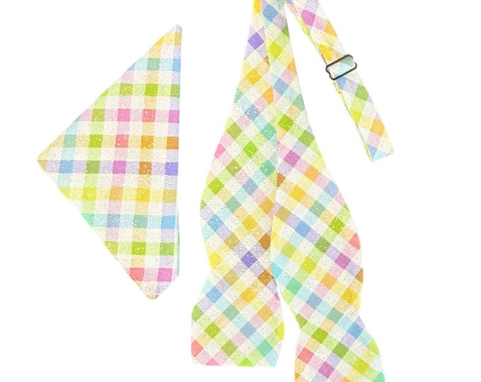 Easter Bow Tie & Pocket Square Set – Pastel Plaid with Iridescent Sparkle