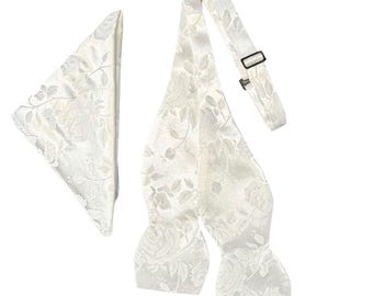 White Rose Brocade Bow Tie and Pocket Square Set - Men's Self-tie Satin