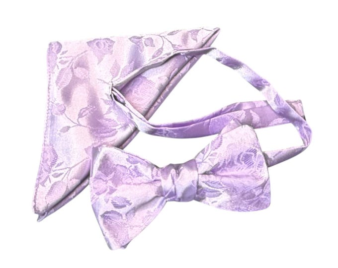 Lavender Floral Rose Brocade Bow Tie and Pocket Square Set – Adult, USA Made
