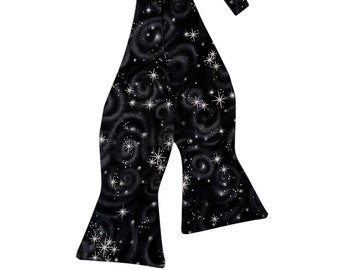Self-tie Bow Tie - Black with Silver Metallic Stars Design - Premium Cotton - Men's Sizing - Handcrafted in the USA