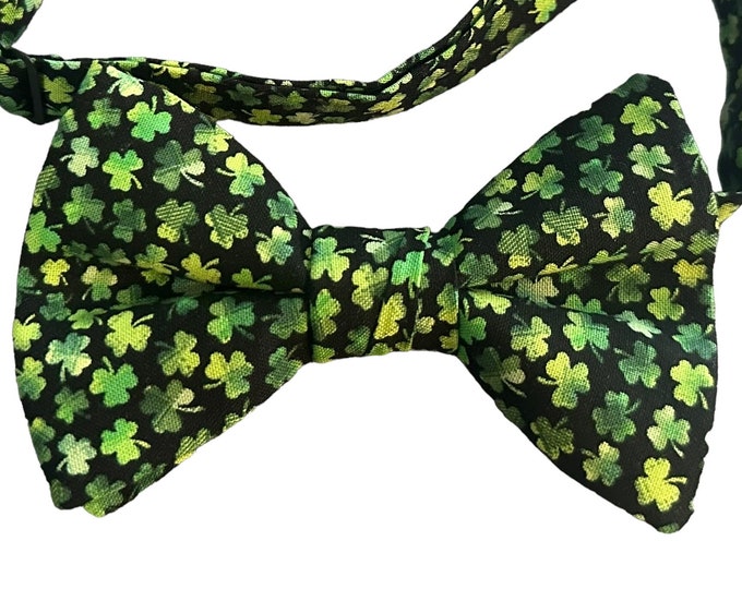 Pre-Tied Bow Tie - Black with Shades of Green Shamrocks, Clovers for St. Patrick's Day - Adult Men's and Boys Sizing